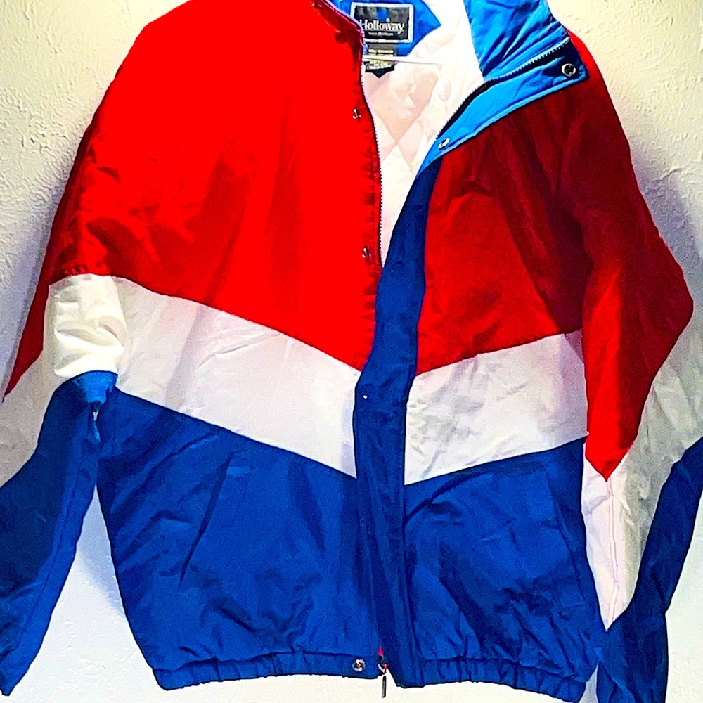 VTG HOLLOWAY NYLON RED WHITE BLUE JACKET SZ M SNAP/ZIP Windbreaker NWT